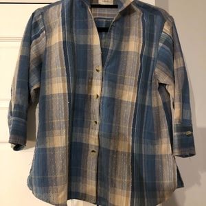 Baxter & Wells. 3/4 sleeve. Blue green/gray plaid. Excellent condition. Size M